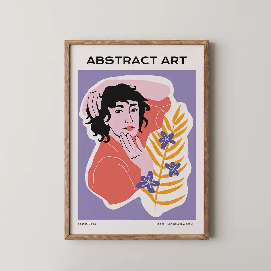 Modern abstract art print featuring a graceful figure in blush tones against a soft lavender background, adorned with blue floral accents and lush green foliage, perfect for enhancing home or office decor"