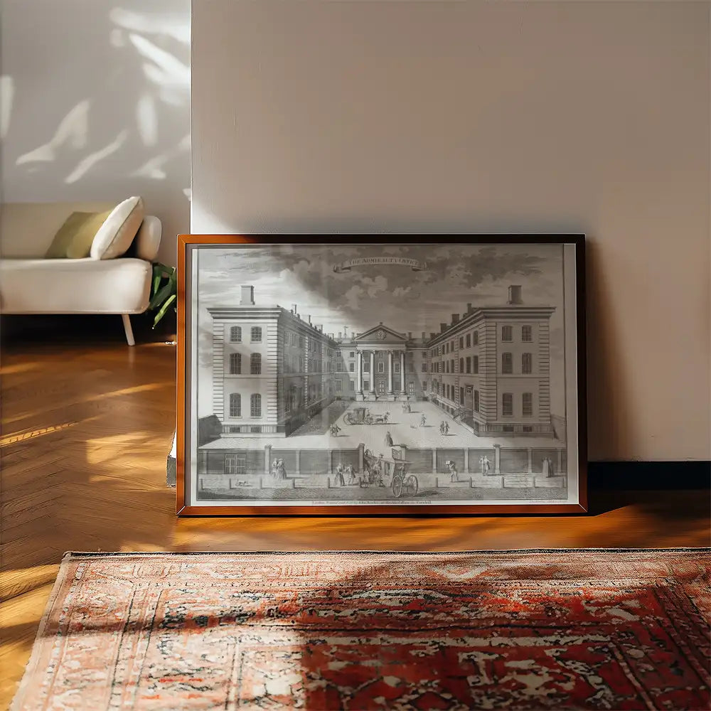 Framed vintage-style painting of an architectural building scene, displayed in a sunlit room with wooden flooring and a patterned rug.