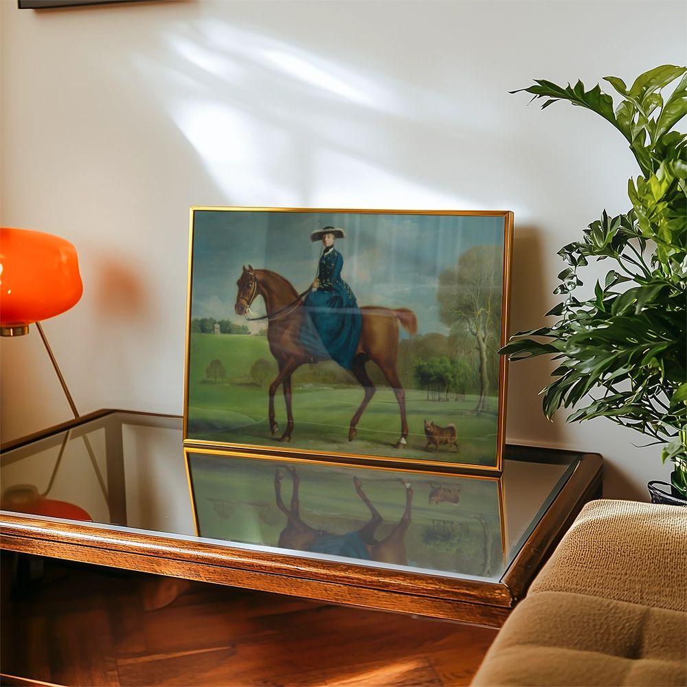 Painting of a woman in a blue dress riding a horse, displayed in a gold frame on a glass tabletop, with a decorative lamp and greenery in the background.