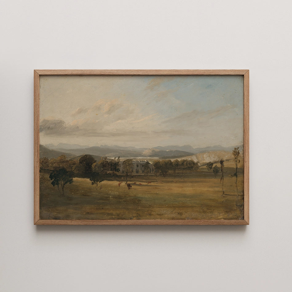 Painting of a serene landscape featuring rolling hills, a distant house, and trees under a cloudy sky, framed in a light wood frame.