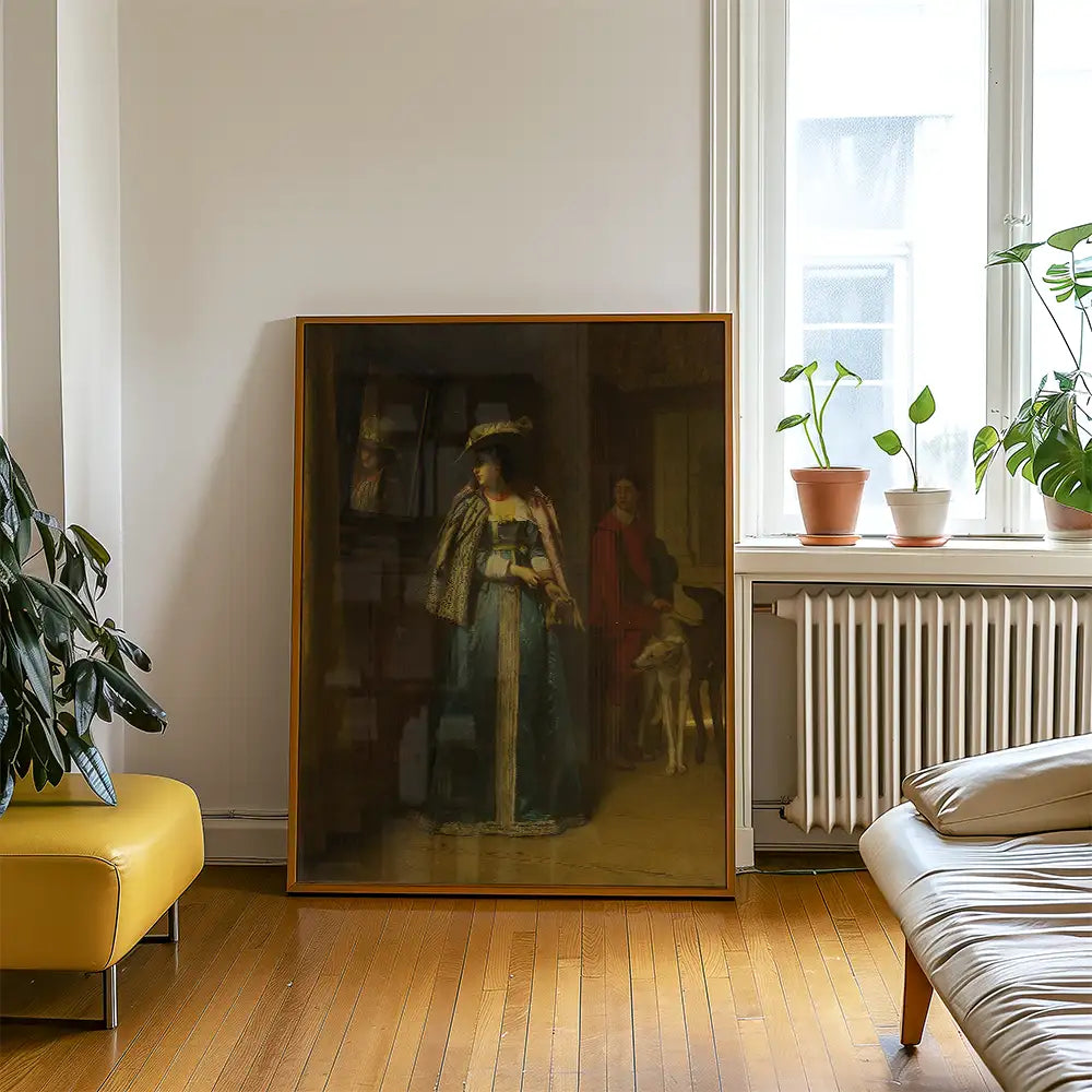 Framed painting featuring a woman in historical attire with a dog, displayed in a modern living room setting with plants and stylish furniture.