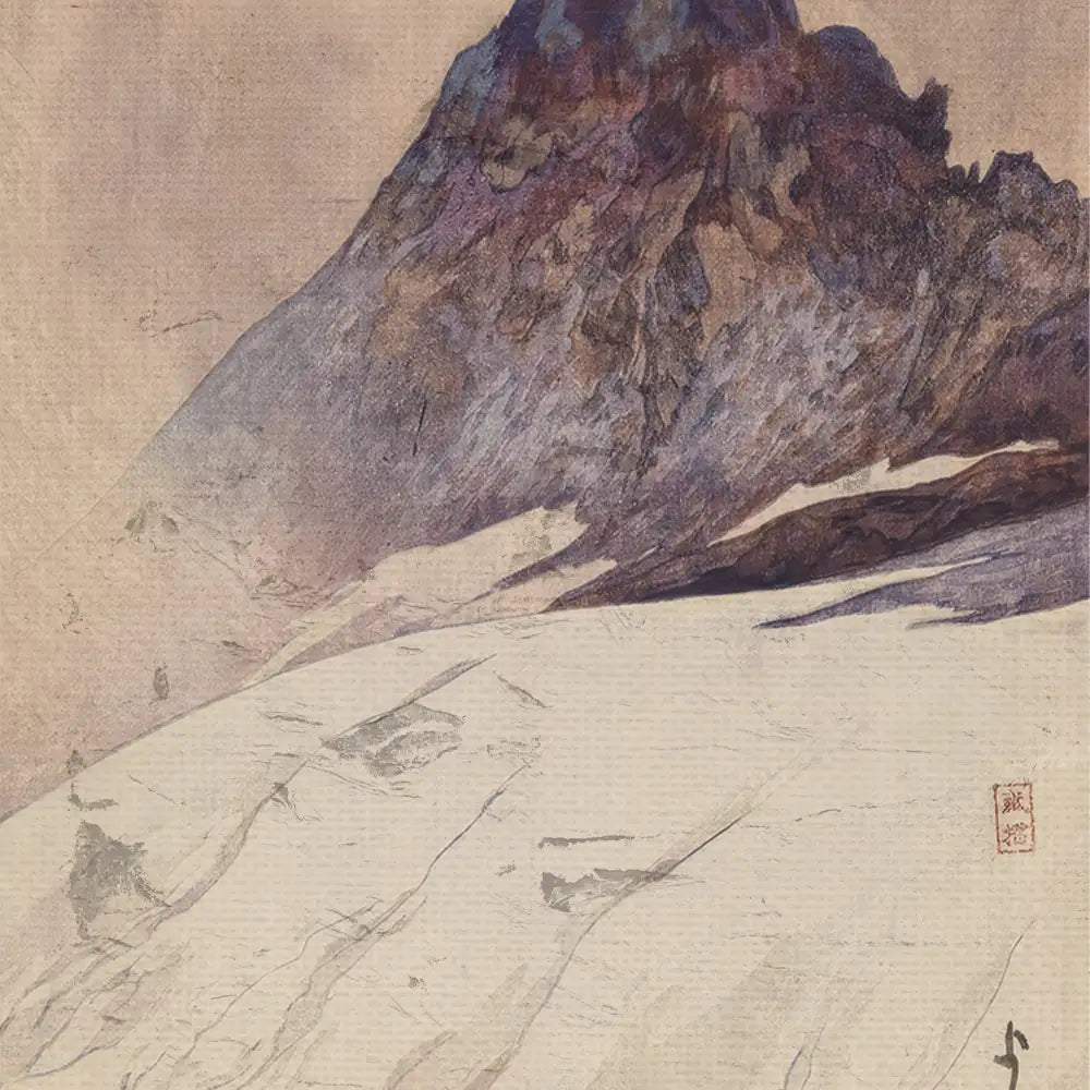 Mountain landscape painting with snow and rocky textures in soft colors.