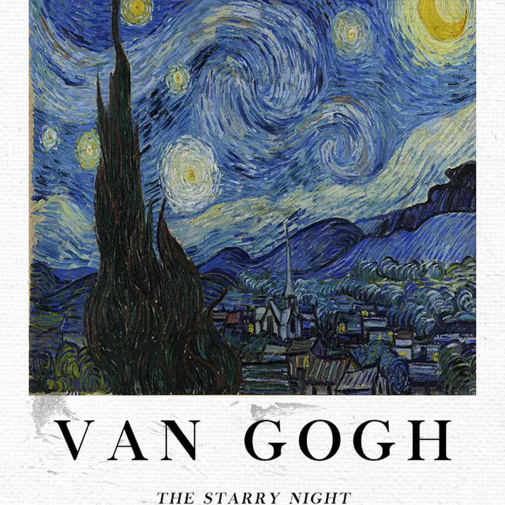 Van Gogh's "The Starry Night" painting featuring swirling night sky and cypress tree.
