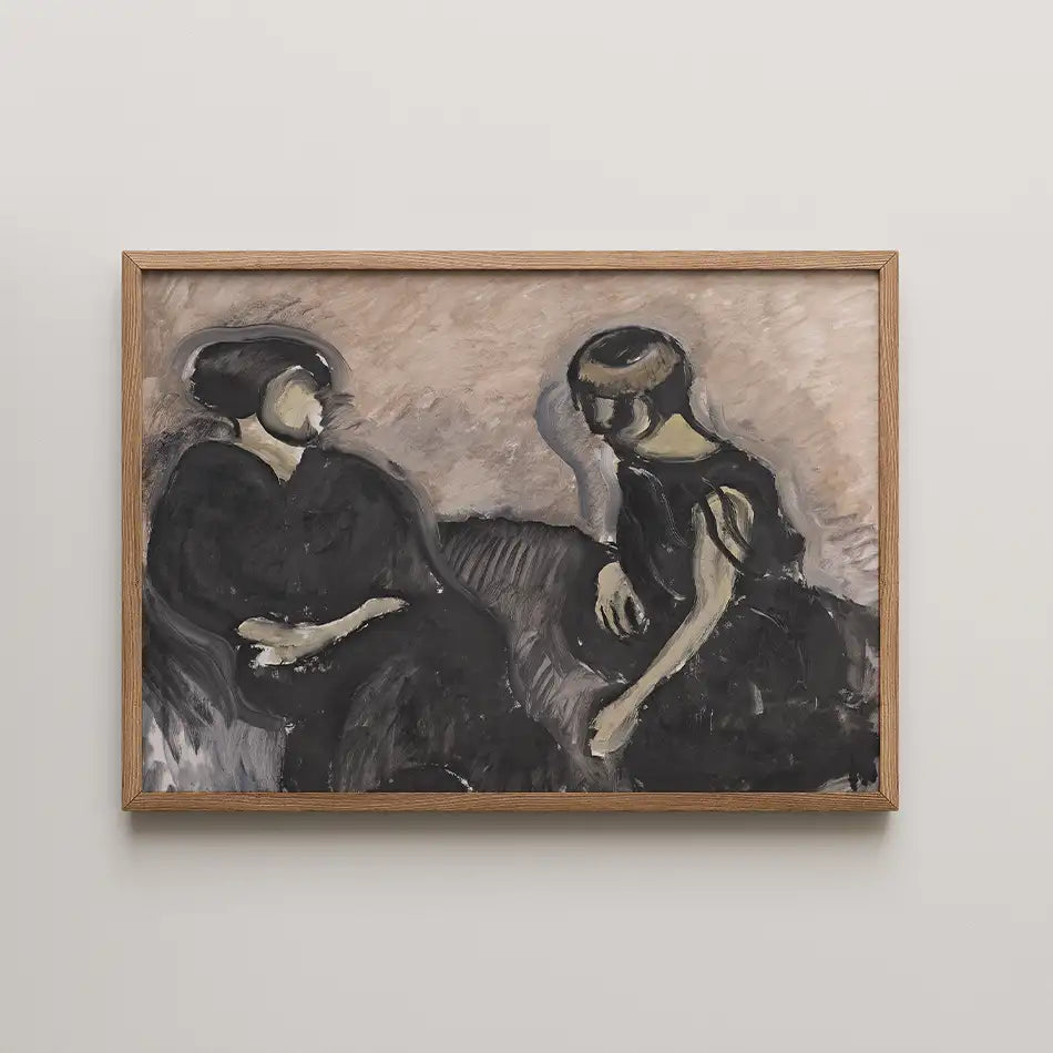 Painting of two figures in black attire seated together, framed in wood with a neutral background.