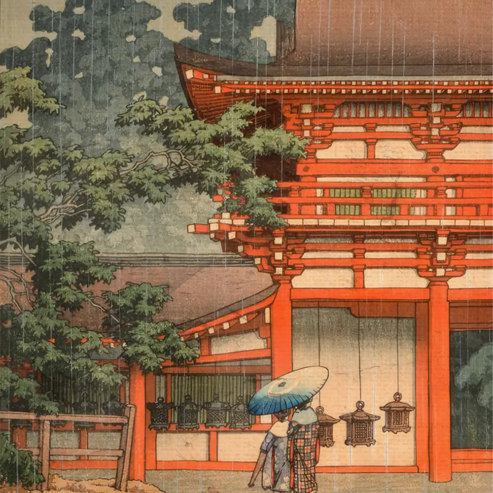 Traditional Asian building illustration featuring two people under an umbrella, surrounded by lush greenery and lanterns, in a rain-drenched setting.