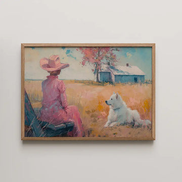 A girl in a pink dress and hat sitting on a wooden bench next to a white dog, with a colorful landscape featuring a barn and trees in the background.