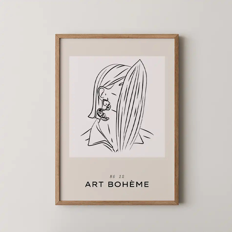Minimalist line art print of a woman with flowing hair, elegantly framed in a wooden frame, perfect for modern home décor.