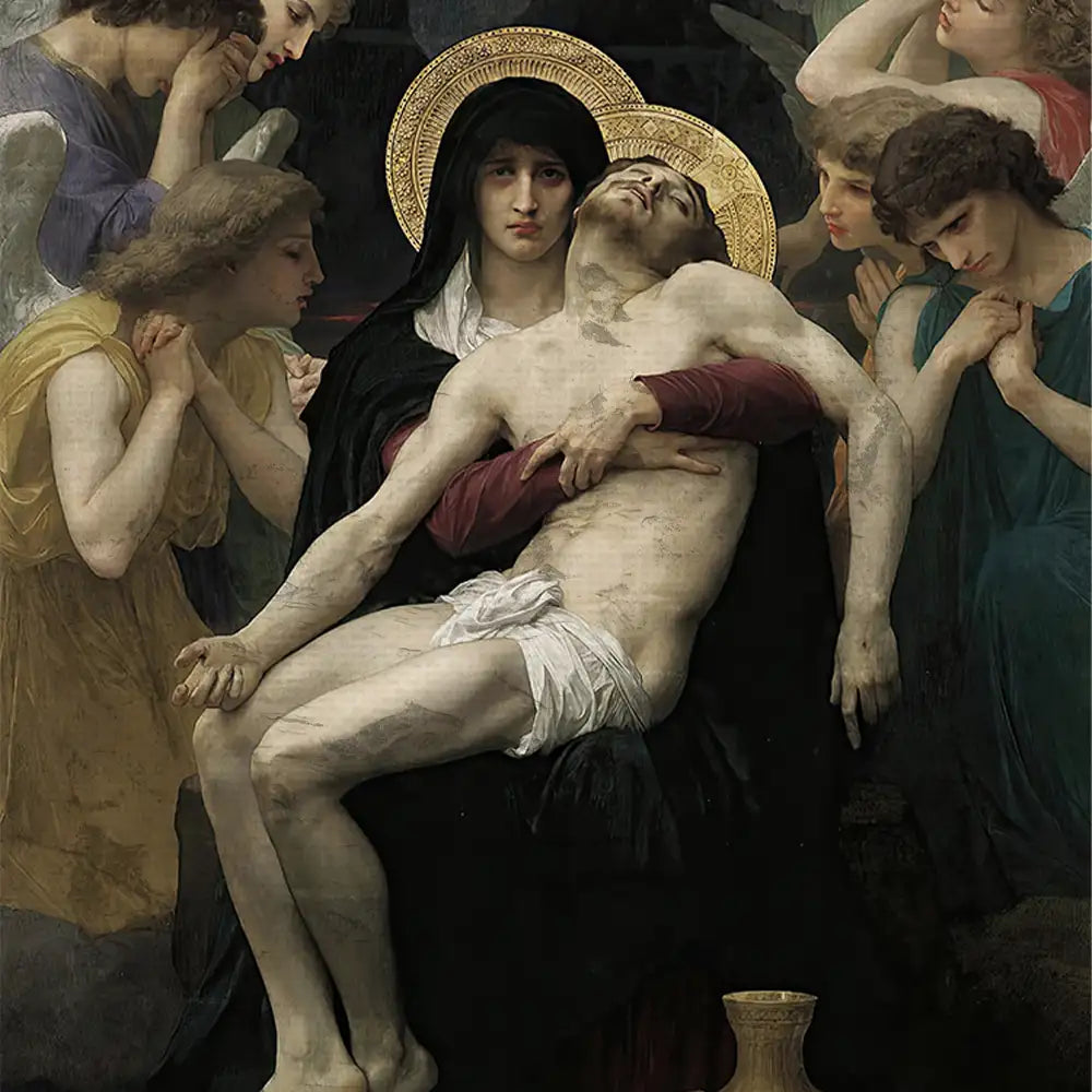 A poignant painting depicting the Virgin Mary holding the lifeless body of Jesus Christ surrounded by grief-stricken angels and mourners, featuring intricate details and emotional expressions.