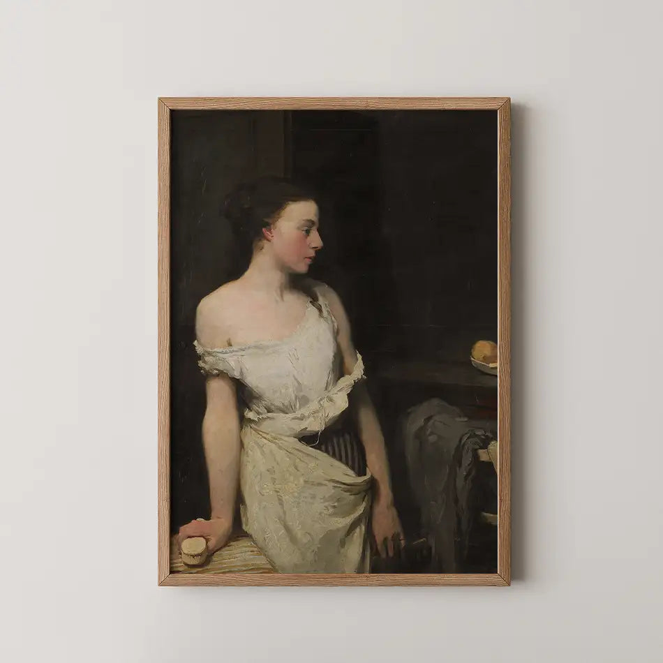 Painting of a woman in a white dress with off-shoulder detailing, framed in natural wood, set against a dark background.