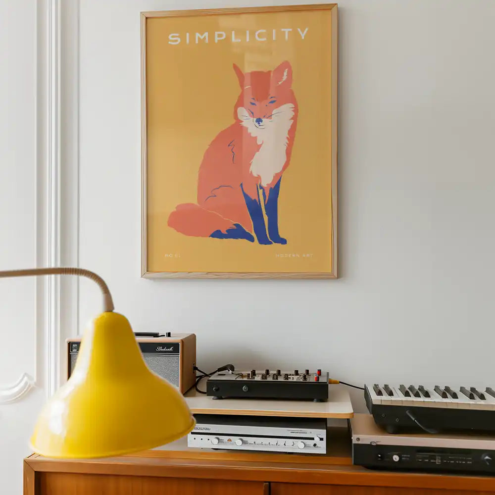 Modern art poster featuring a stylized orange fox with the word "Simplicity," perfect for contemporary home decor.