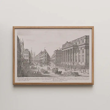 Framed vintage illustration of a bustling street scene with horse-drawn carriages and historical buildings.