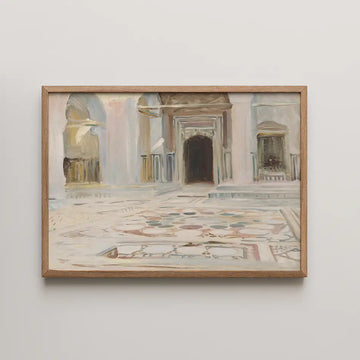 Painting of an intricate interior space with arches and a patterned floor, framed in wood.