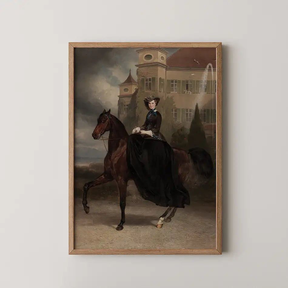 Painting of a woman in a black dress riding a brown horse in front of a grand building with a cloudy sky.
