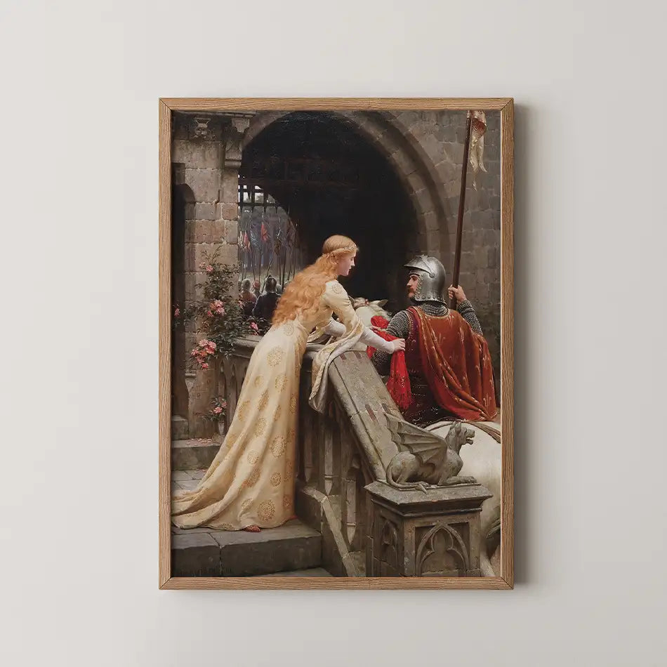 Romantic painting of a blonde woman in a flowing gown leaning over a stone balcony, reaching out to a knight in armor, framed in a wooden frame.