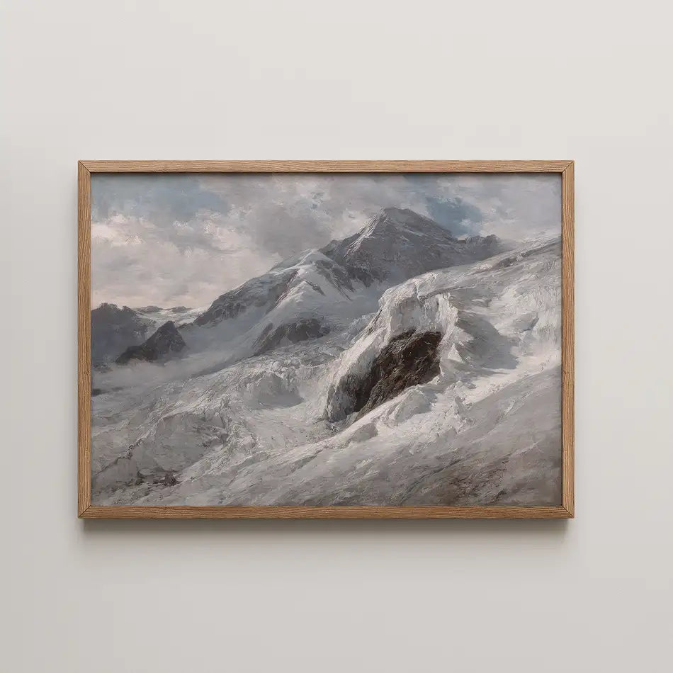 Framed painting of a snowy mountain landscape with dramatic clouds and textures.