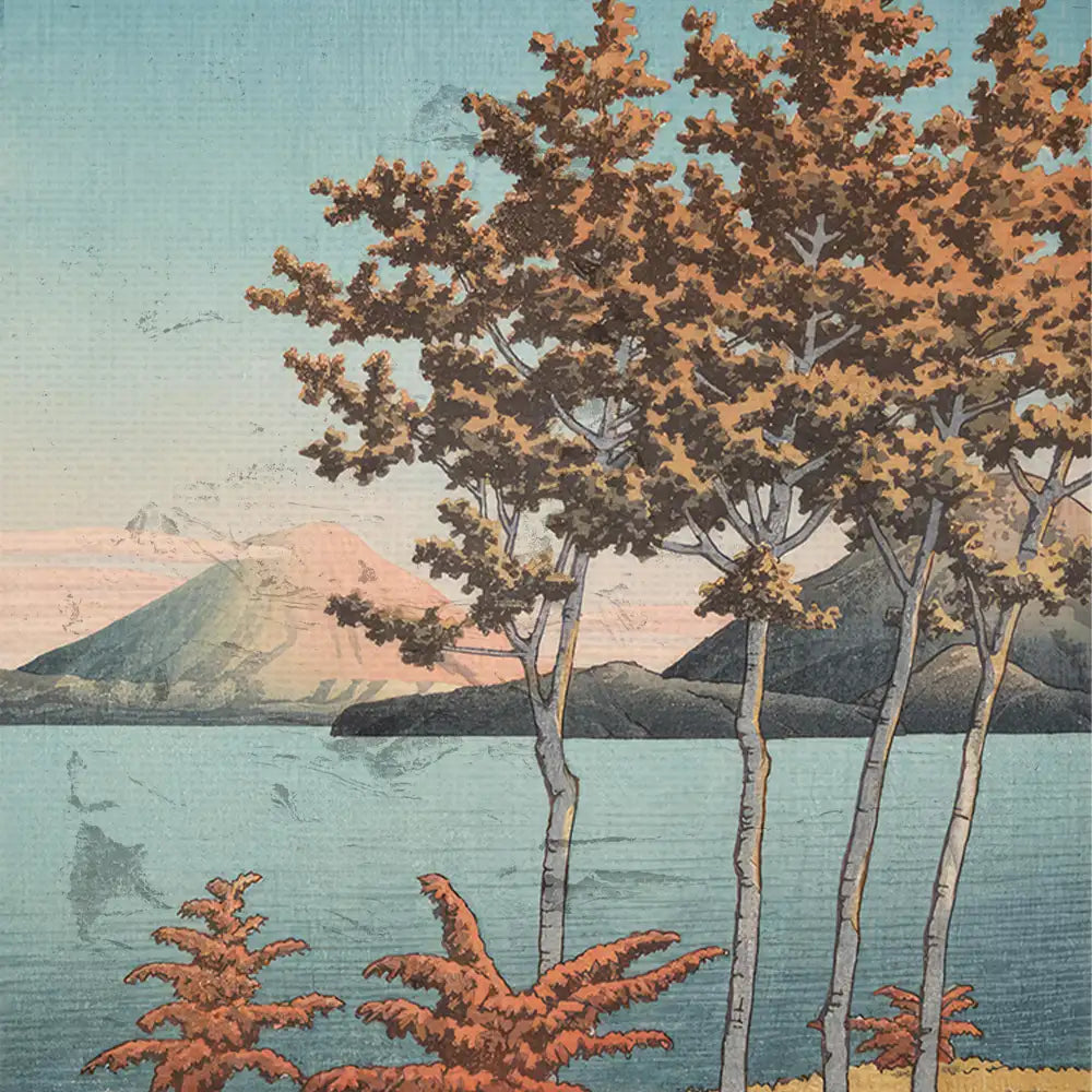 Vintage landscape painting featuring trees by a lake with mountains in the background and vibrant foliage in warm colors.