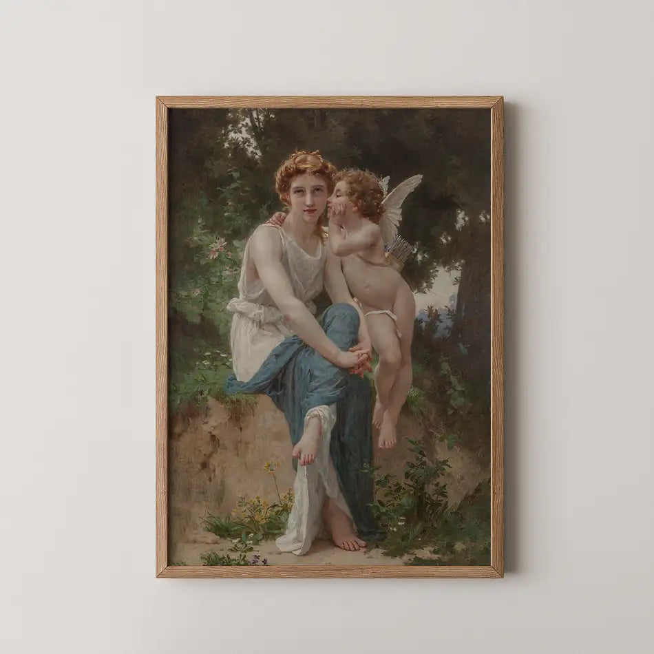 Painting of a woman in a flowing dress sitting on a stone with a playful cherub beside her, surrounded by greenery and flowers in a natural setting.