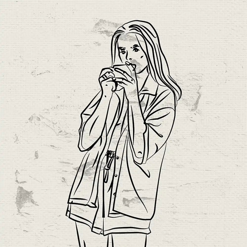 Modern line art poster featuring a woman holding a phone, ideal for contemporary home decor.