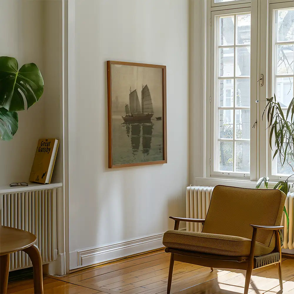 Framed painting of a boat with sails hanging on a light-colored wall in a modern living room.