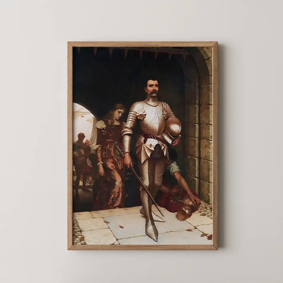 Framed painting of a knight in armor standing with a sword, accompanied by a woman in a medieval gown, set against a stone archway backdrop.