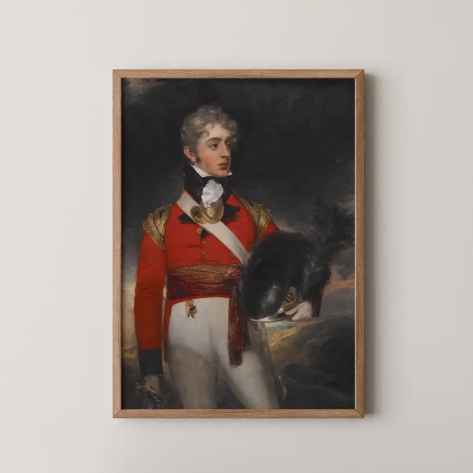 Historical portrait of a uniformed man holding a feathered hat, framed in wood against a dark background.