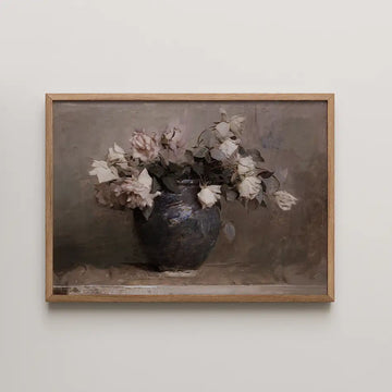 Framed painting of a vase filled with soft-colored roses against a muted background.