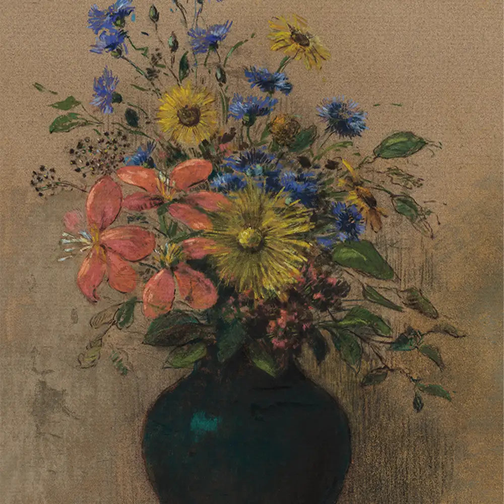 A vibrant still life painting featuring a bouquet of multicolored flowers in a dark green vase against a textured background