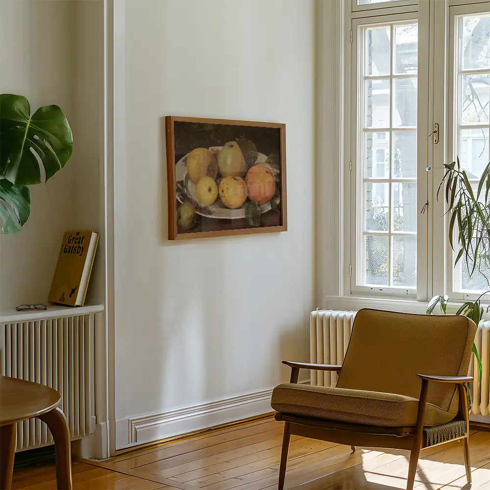 Painting of a fruit still life displayed in a modern living room with a cozy chair and a plant.