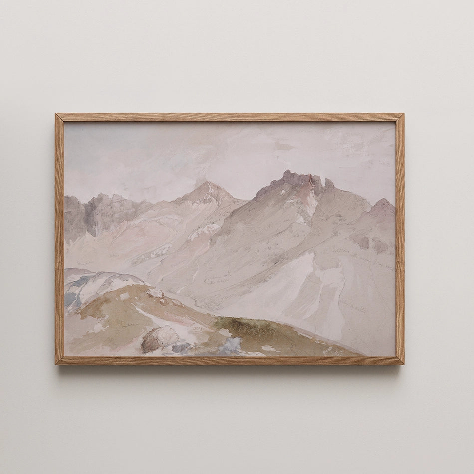 Framed watercolor painting of mountainous landscape with soft pastel tones.
