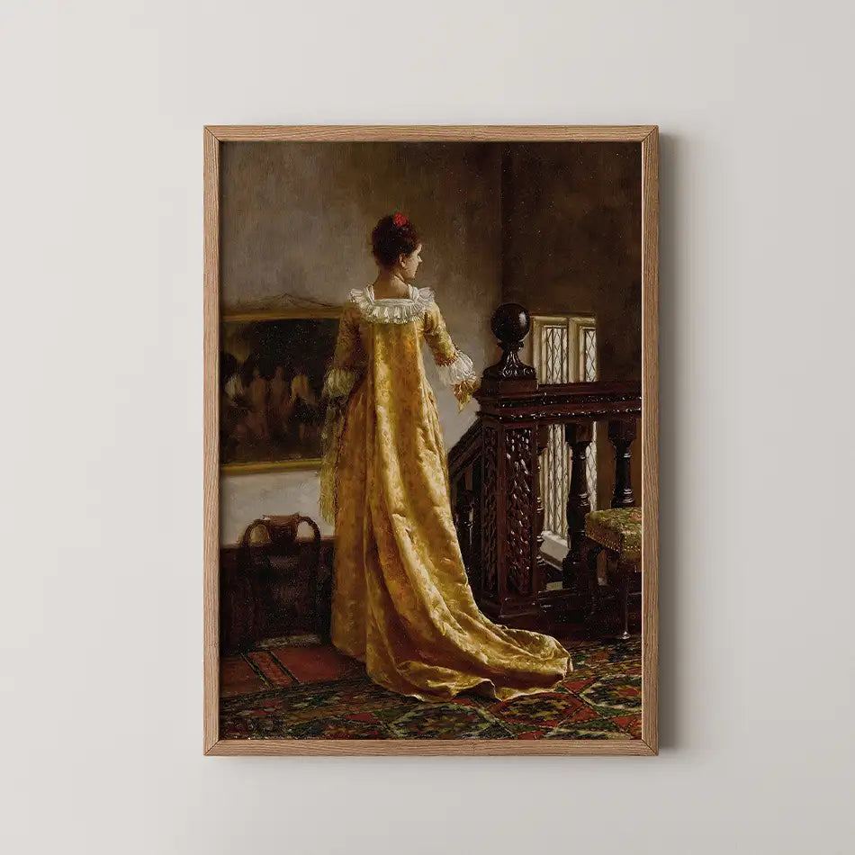 Painting of a woman in a yellow gown standing by a staircase, with ornate woodwork and a vintage interior setting.