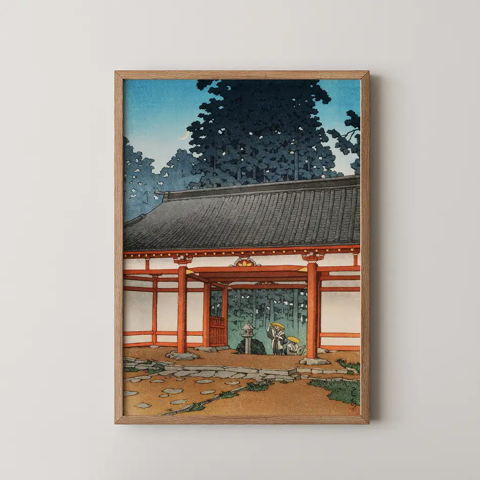 Japanese landscape painting featuring two figures near a traditional building surrounded by trees and a serene atmosphere.
