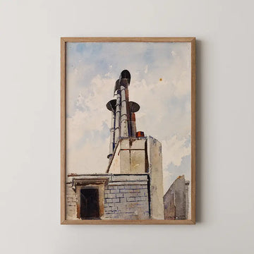 Watercolor painting of a chimney and building against a cloudy sky, framed in natural wood.