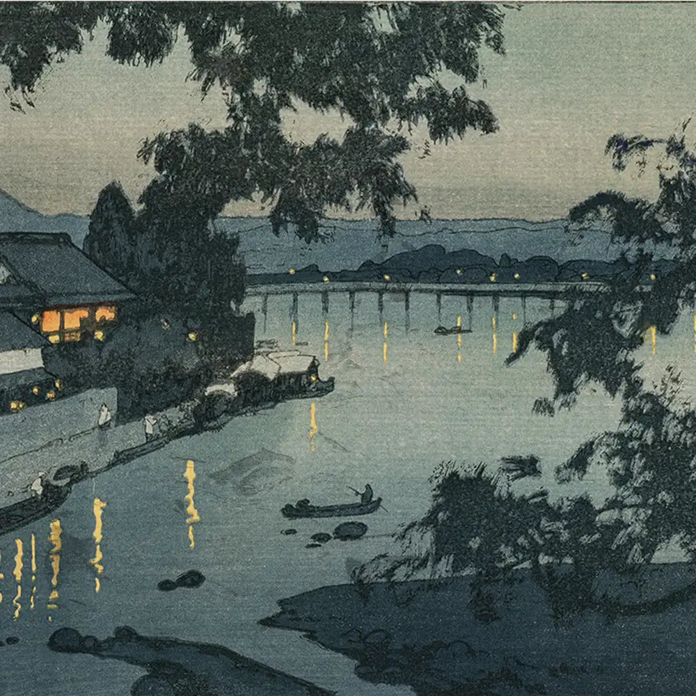 Serene evening landscape painting featuring a river, boats, and softly illuminated structures under a twilight sky.