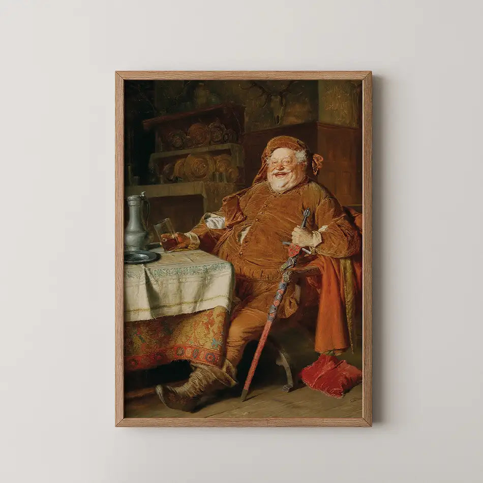 Framed painting of a jovial man in period clothing seated at a table, holding a glass, with a sword resting against his chair.