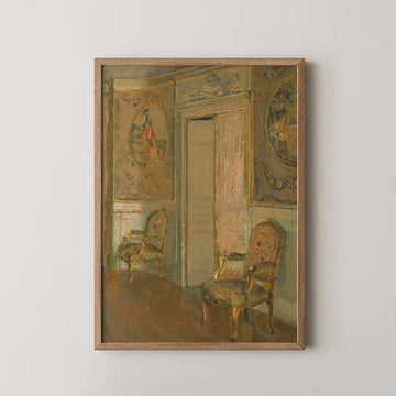 Framed painting of a vintage room with two ornate chairs, featuring muted colors and decorative wall details.