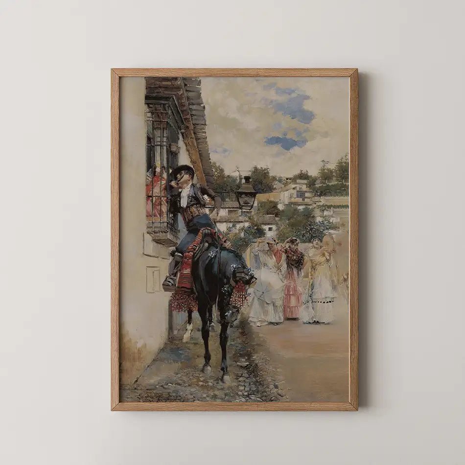 Framed painting of a man on horseback interacting with a window, with women in traditional dress in the background, set in a picturesque village scene.