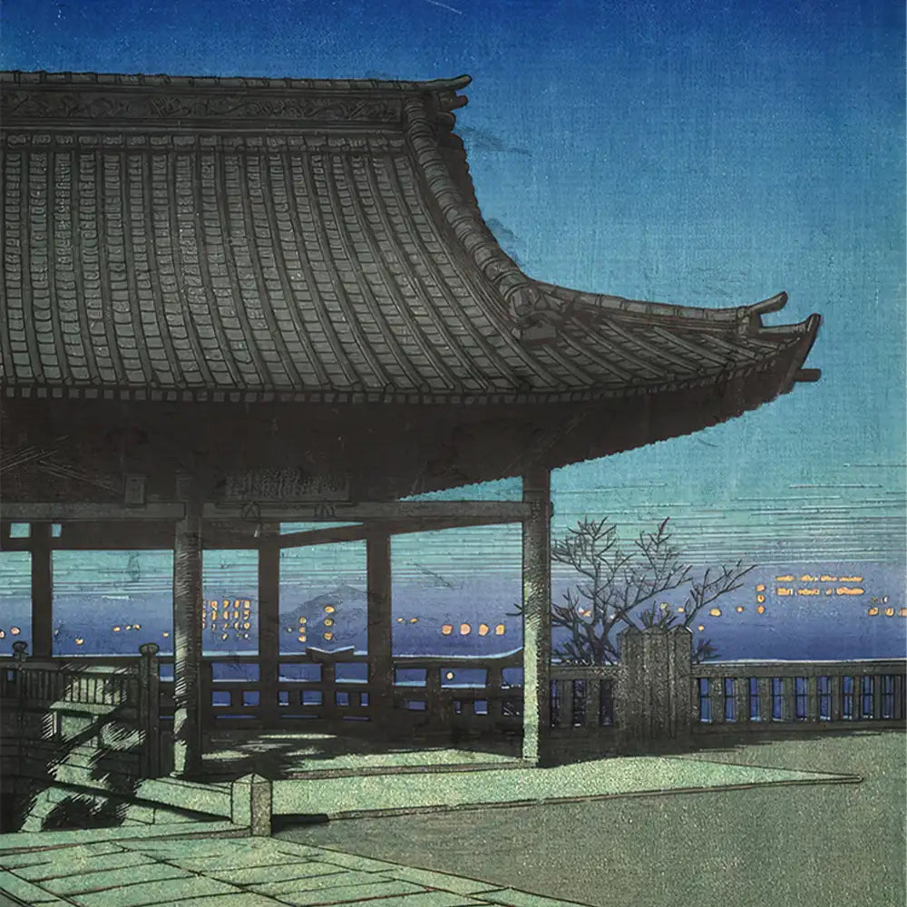 Traditional Japanese pagoda with intricate roof details overlooking a serene waterfront at dusk, illuminated by soft lights.