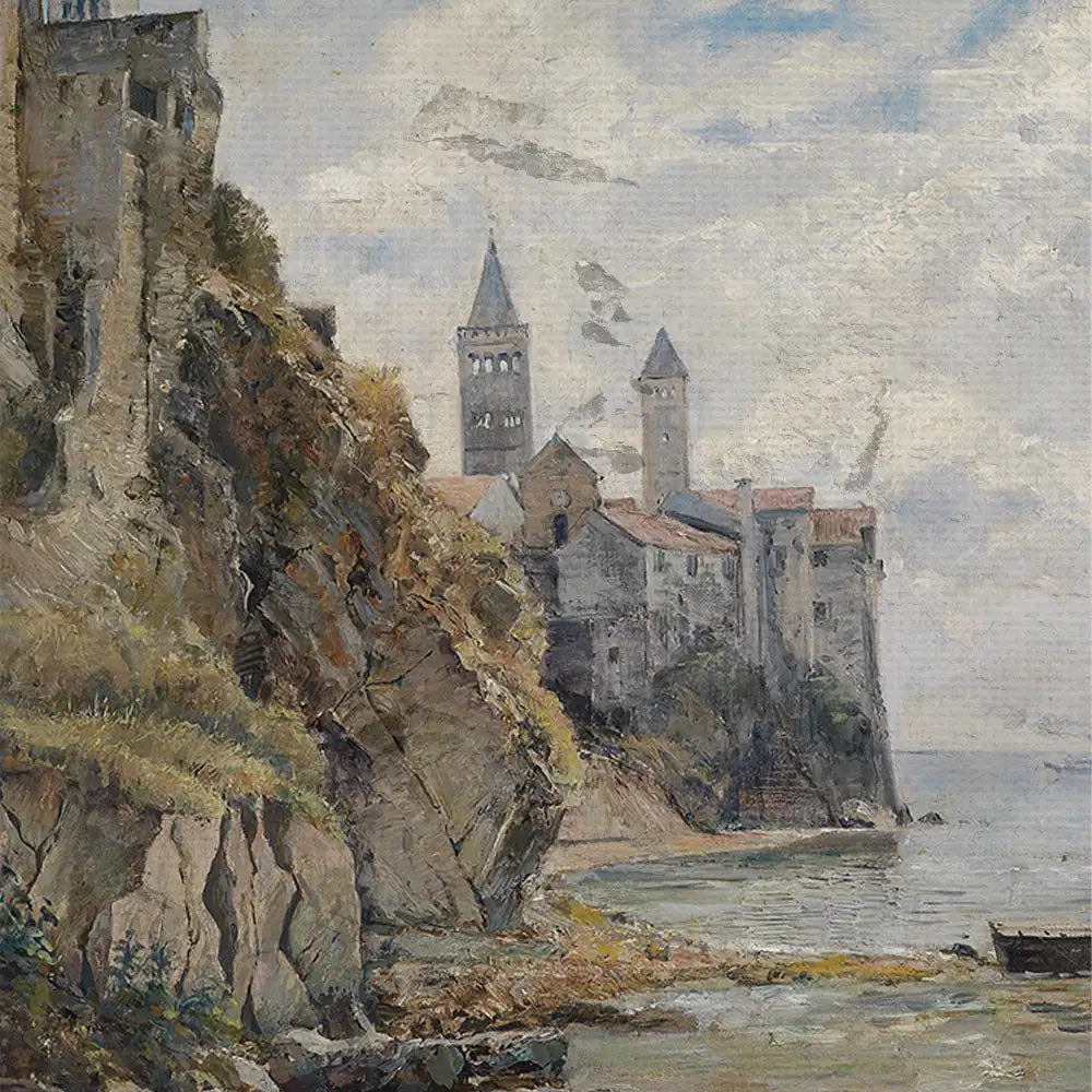 Landscape painting featuring a rocky shoreline with a medieval castle and towers set against a cloudy sky.
