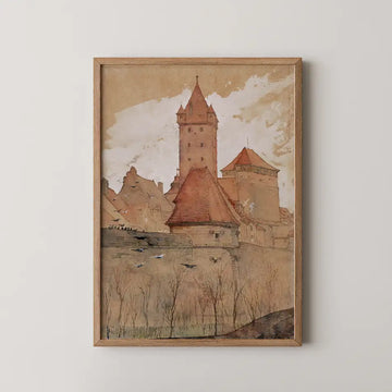 Framed painting of a medieval castle with towers and a textured background in warm tones.