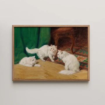 Painting of three white cats playing on a wooden floor with a green curtain and a chair in the background.