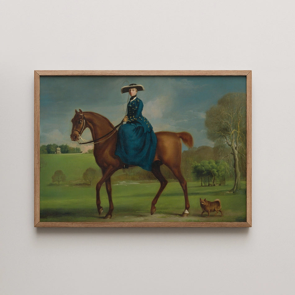 Painting of a woman in a blue dress riding a brown horse in a green landscape with a small dog beside them.