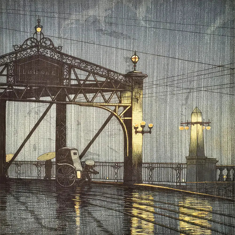 A vintage-style painting of a bridge at dusk with warm lights reflecting on wet pavement and a rickshaw parked nearby.