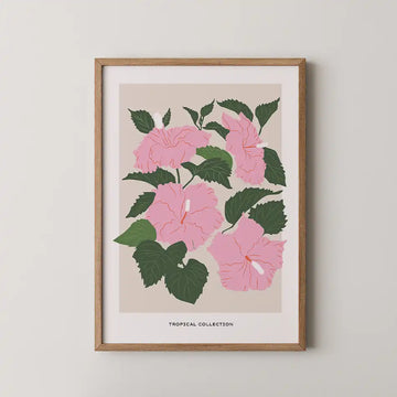 Modern pink hibiscus floral art print from the Tropical Collection, featuring vibrant blooms and lush green leaves on a soft beige background, elegantly framed.
