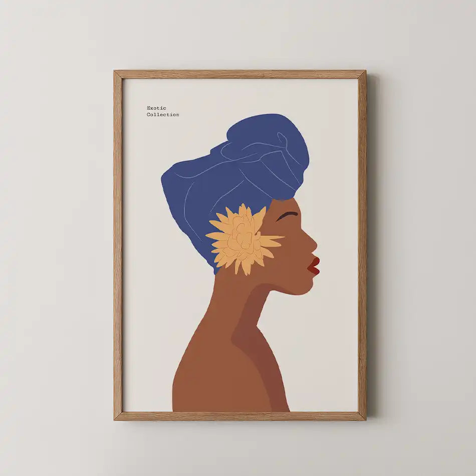 Woman in Blue Headwrap with Yellow Water Lily art print showcasing Afrocentric cultural beauty and tropical elegance, perfect for modern home decor.