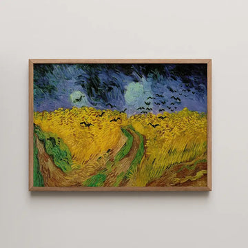 Framed painting of a vibrant yellow wheat field under a dramatic sky with flying crows.