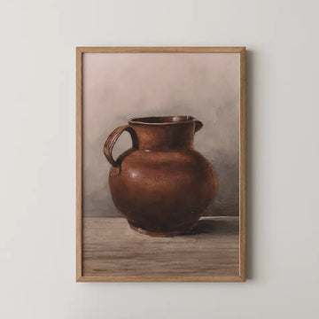 Framed painting of a brown ceramic jug against a neutral background.