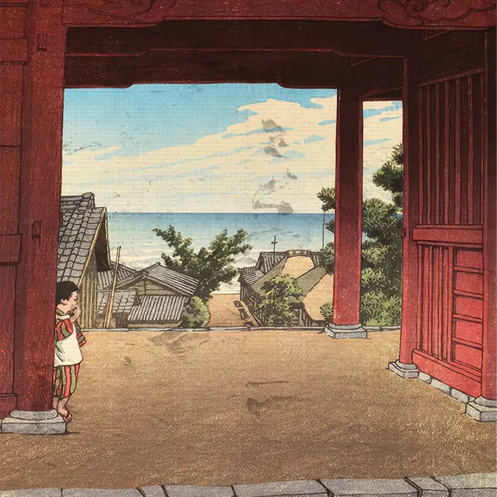A colorful painting depicting a young boy standing at a wooden door frame, looking out at a coastal village and sea under a blue sky with clouds.