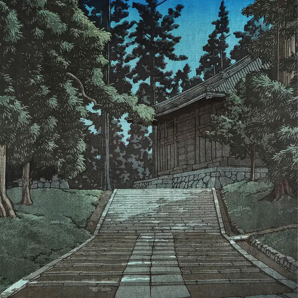 A peaceful landscape painting featuring a stone pathway leading up to a traditional wooden building, surrounded by tall trees under a twilight sky.