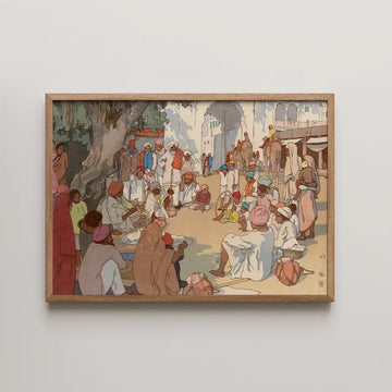 A colorful painting depicting a gathering of people in traditional attire, set in an outdoor space with trees and buildings in the background.