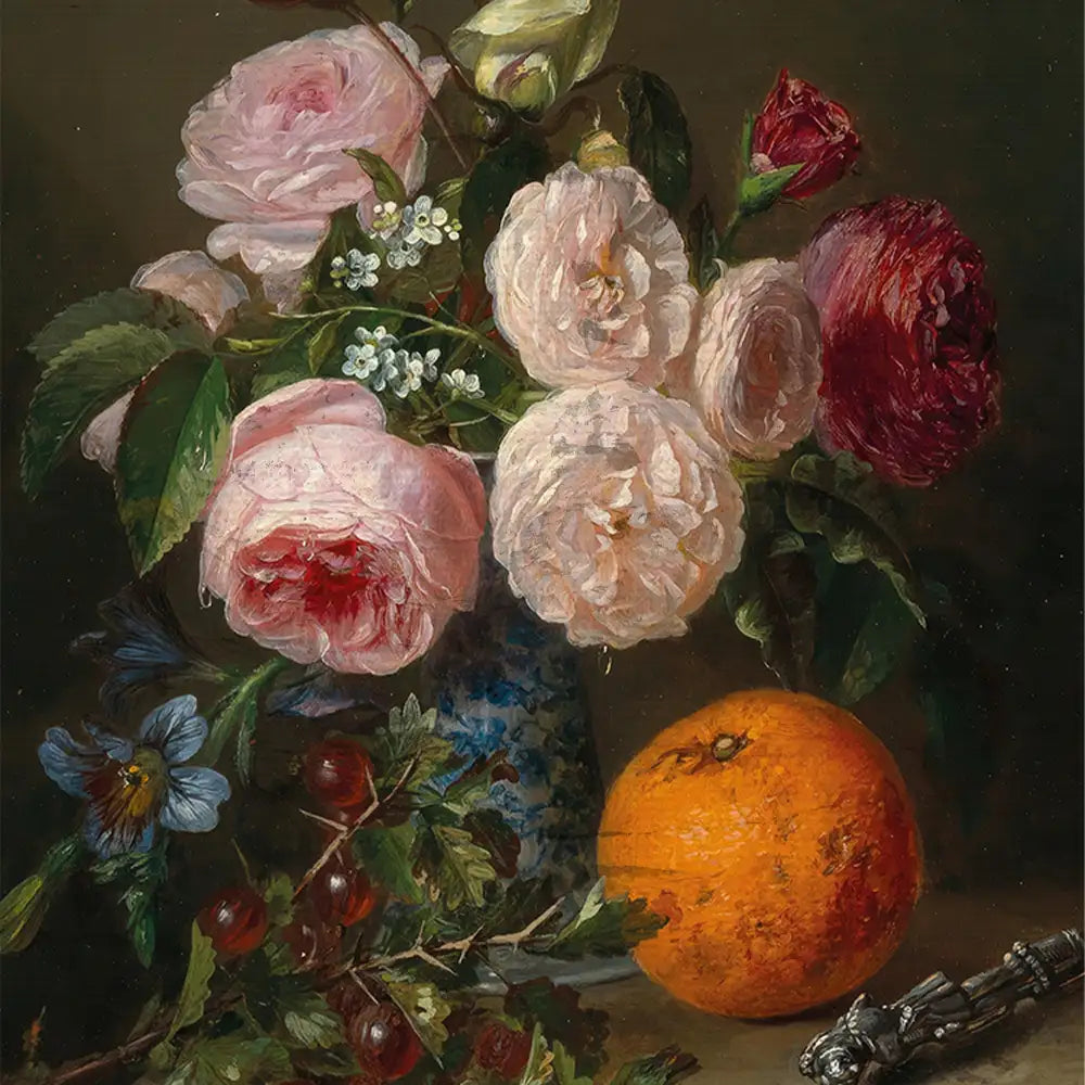 Still life painting featuring a vase of pink and red roses, white flowers, and an orange on a dark background.